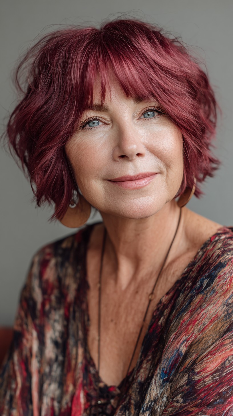 Raspberry Textured Chin-Length Shag with Rounded Curtain Fringe