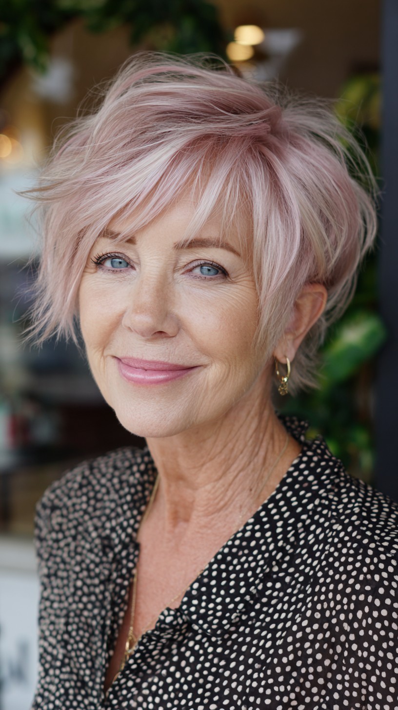 Rose-Gold Feathered Stacked Pixie with Long Side Bangs