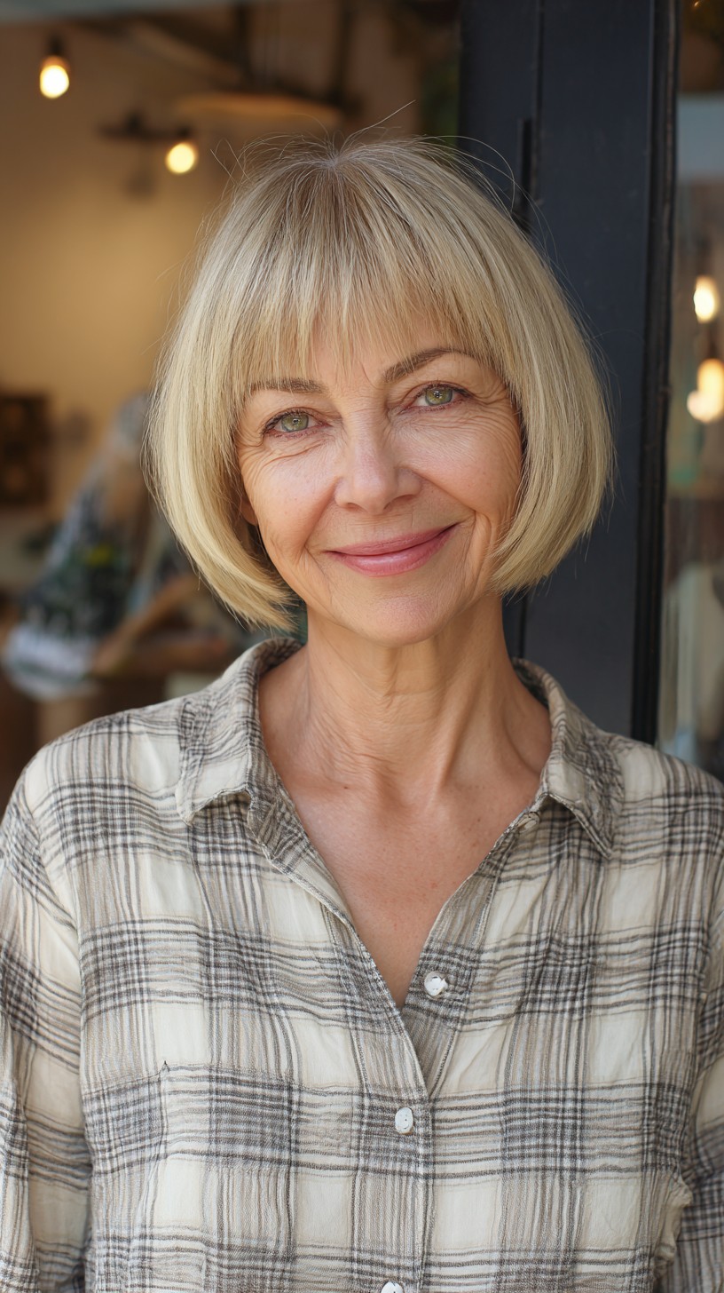 Rounded Blonde Chin-Length Bob with Eyebrow-Skimming Blunt Bangs