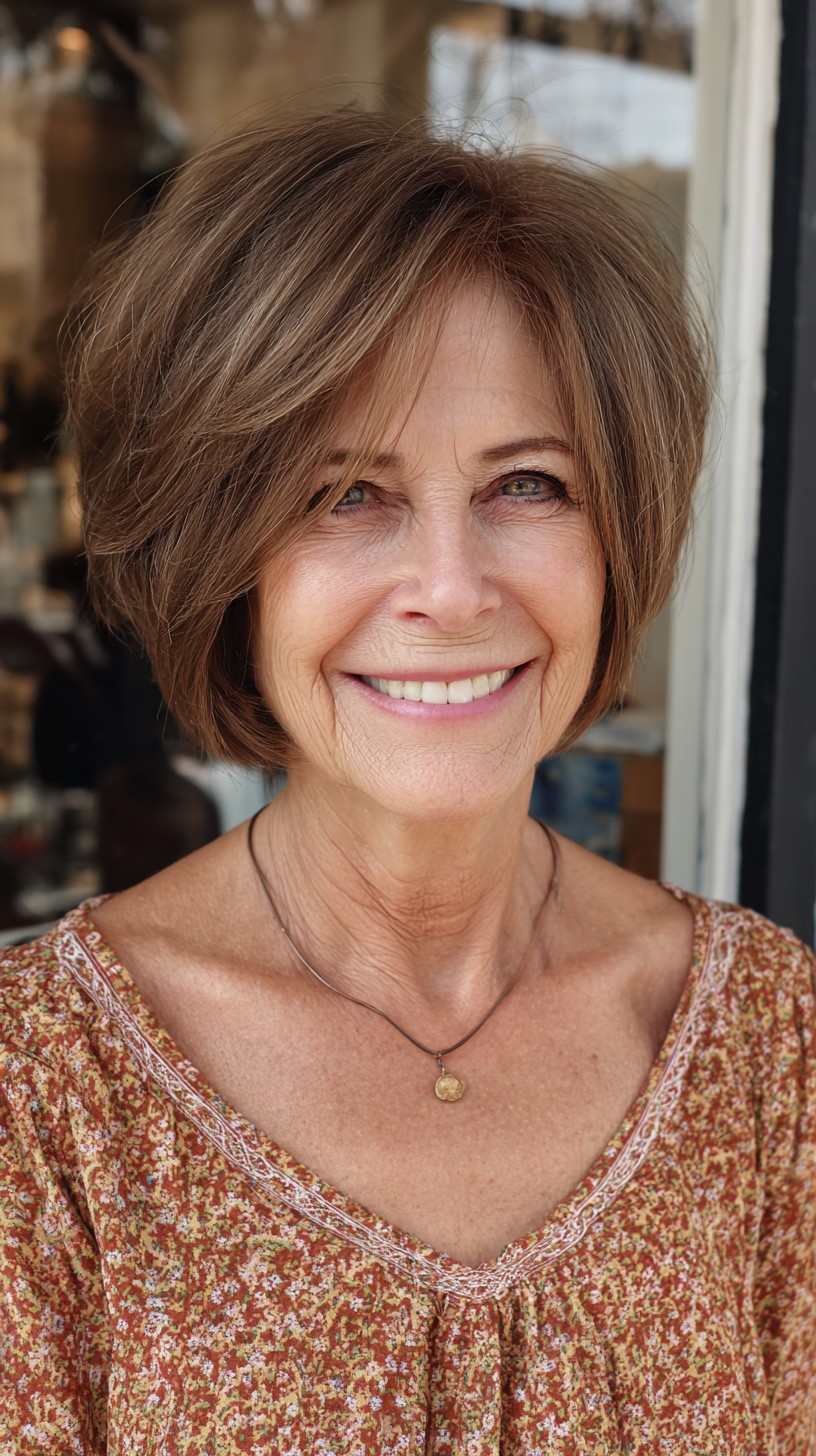 Rounded Chestnut Stacked Bob with Long Side-Fringe