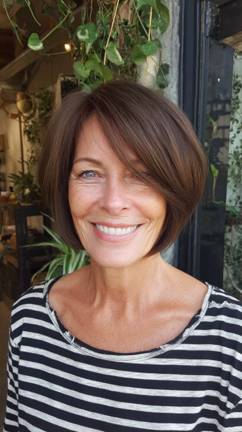 Rounded Chocolate Brown Chin-Length Bob with Deep Side-Swept Fringe