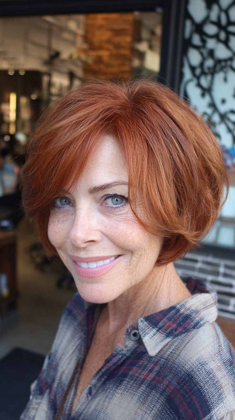 Rounded Copper Angled Stacked Bob with Face-Framing Sweep