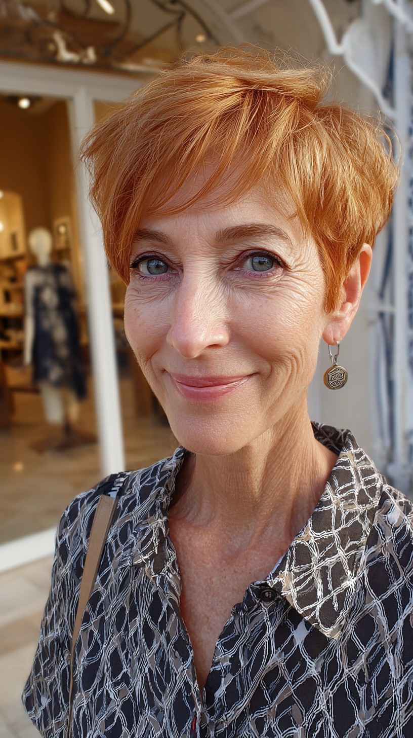 Short Copper Textured Pixie with Soft Side Micro-Fringe