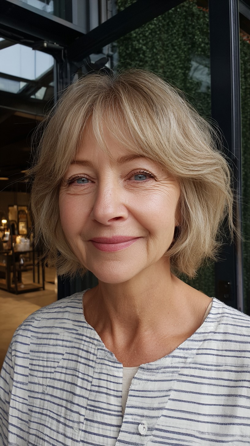 Soft Ash-Blonde Feathered Chin-Length Cut with Grazing Curtain Fringe