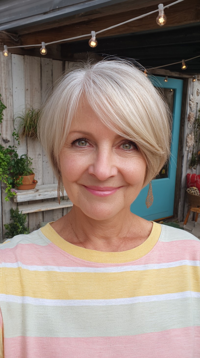 Soft Champagne Blonde Layered Short Cut with Long Side-Swept Bangs