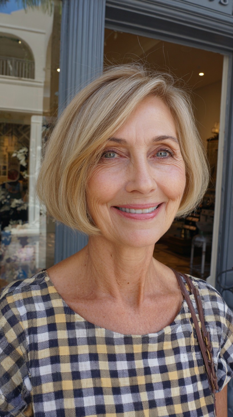 Soft Chin-Length Blonde Bob with Diagonal Part and Face-Framing Layers