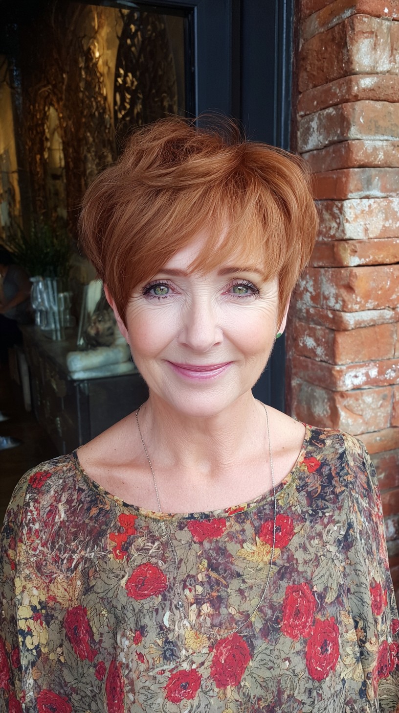 Soft Copper Pixie Crop with Long Sweeping Fringe