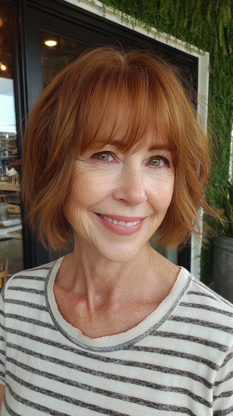 Soft Copper Textured Chin-Length Bob with Wispy Micro-Bangs
