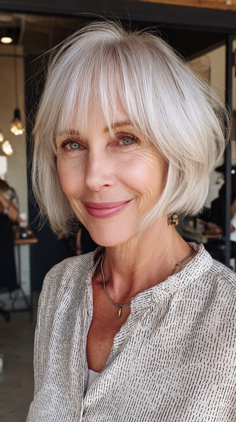 Soft Feathered Silver Bob with Curtain Fringe