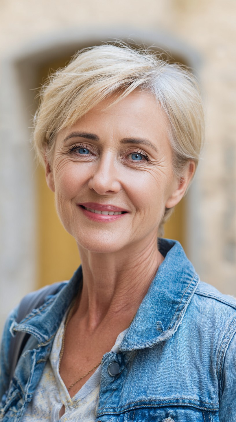 Soft Side-Swept Silver-Blonde Pixie with Root Shadow