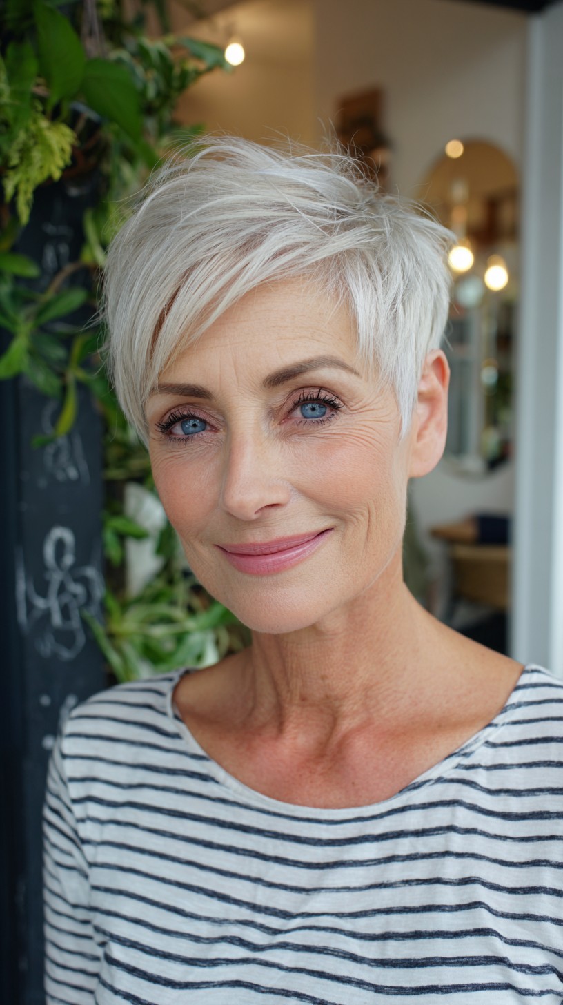 Soft Silver Pixie with Side-Swept Micro-Fringe and Crown Texture