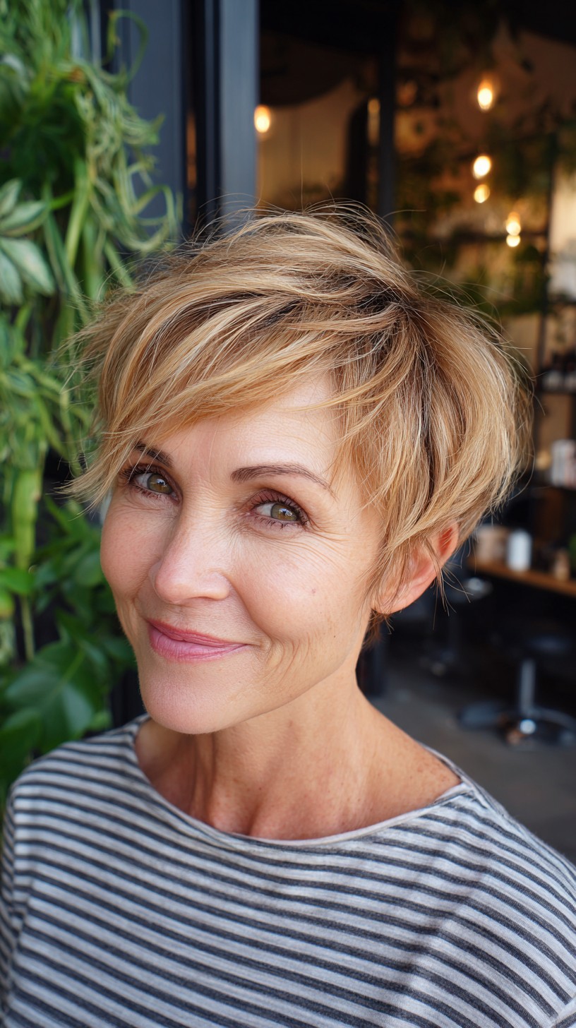 Soft Warm-Blonde Pixie with Root-Shadow and Feathered Fringe