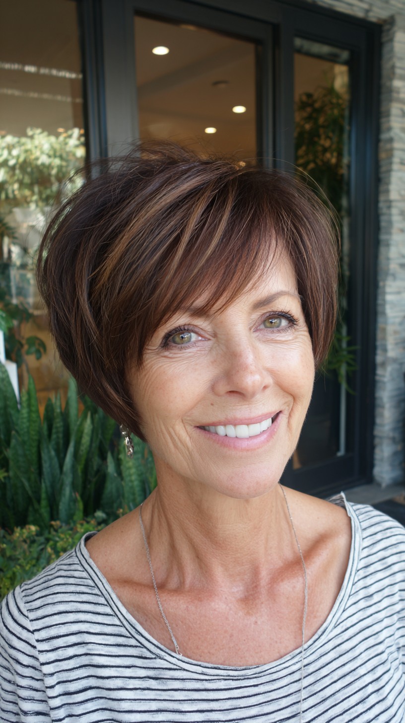 Stacked Chestnut Pixie-Bob with Long Side-Swept Bangs