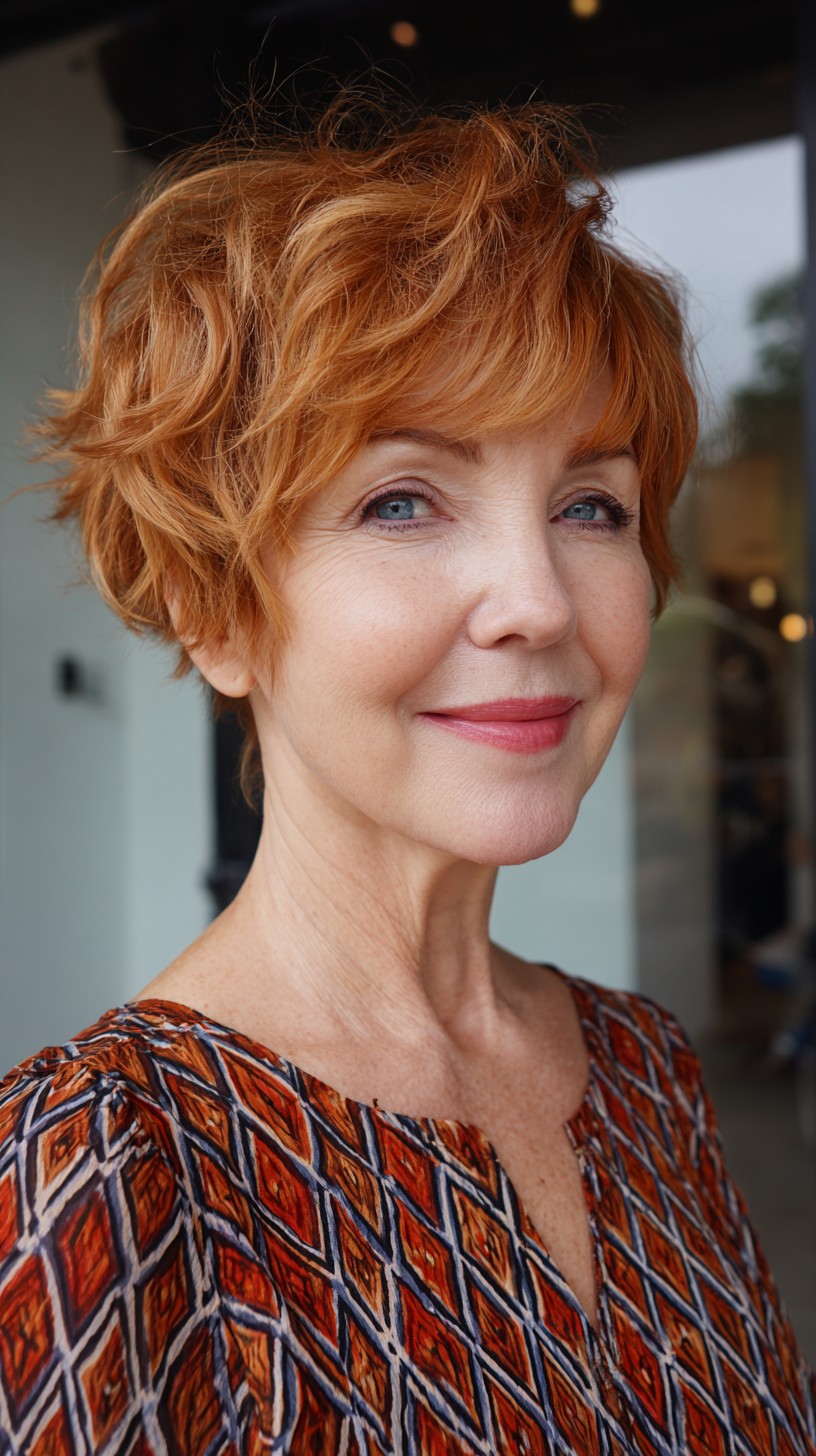 Textured Copper Tousled Pixie with Feathered Fringe