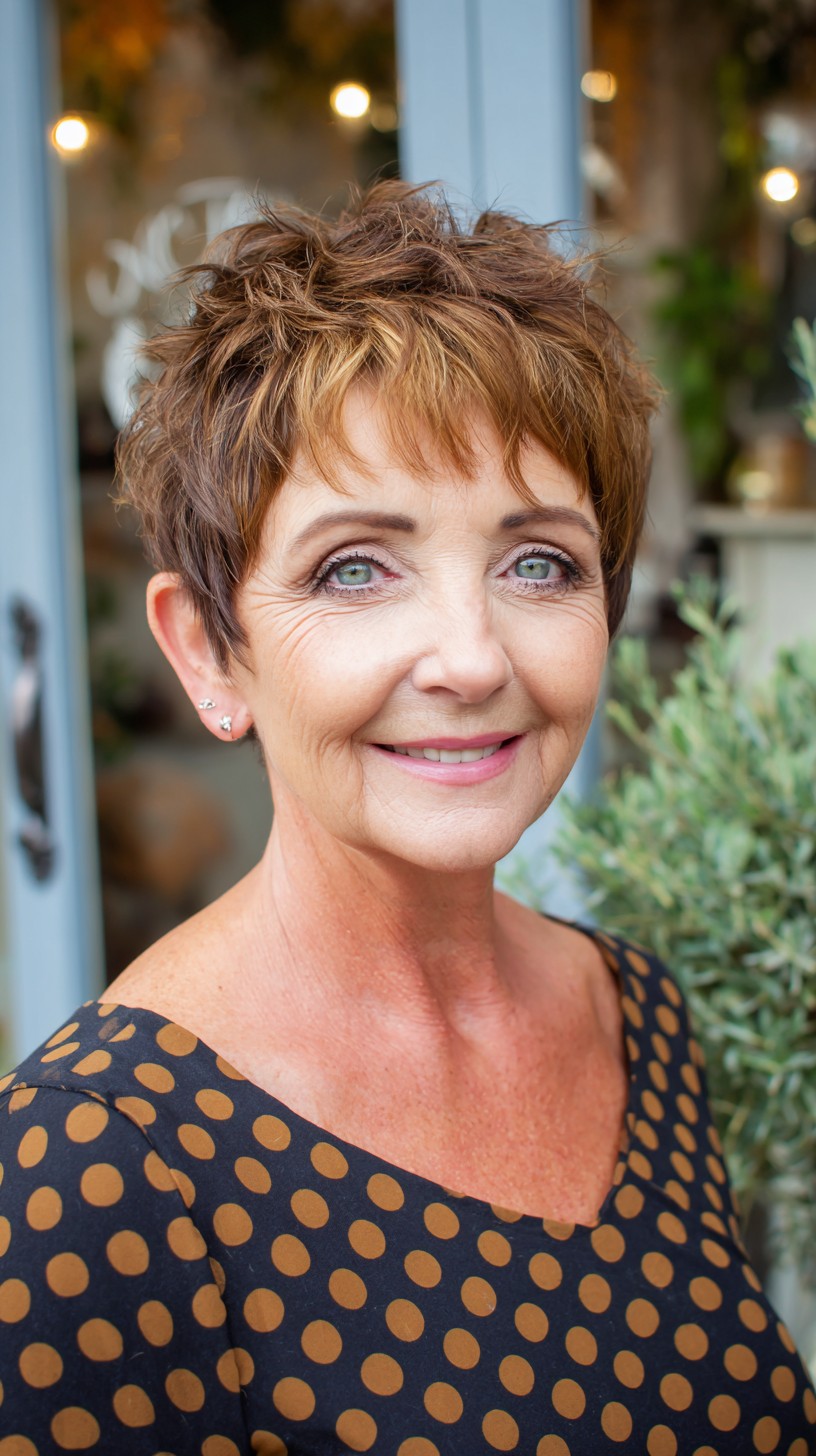 Textured Short Choppy Pixie with Warm Caramel Highlights