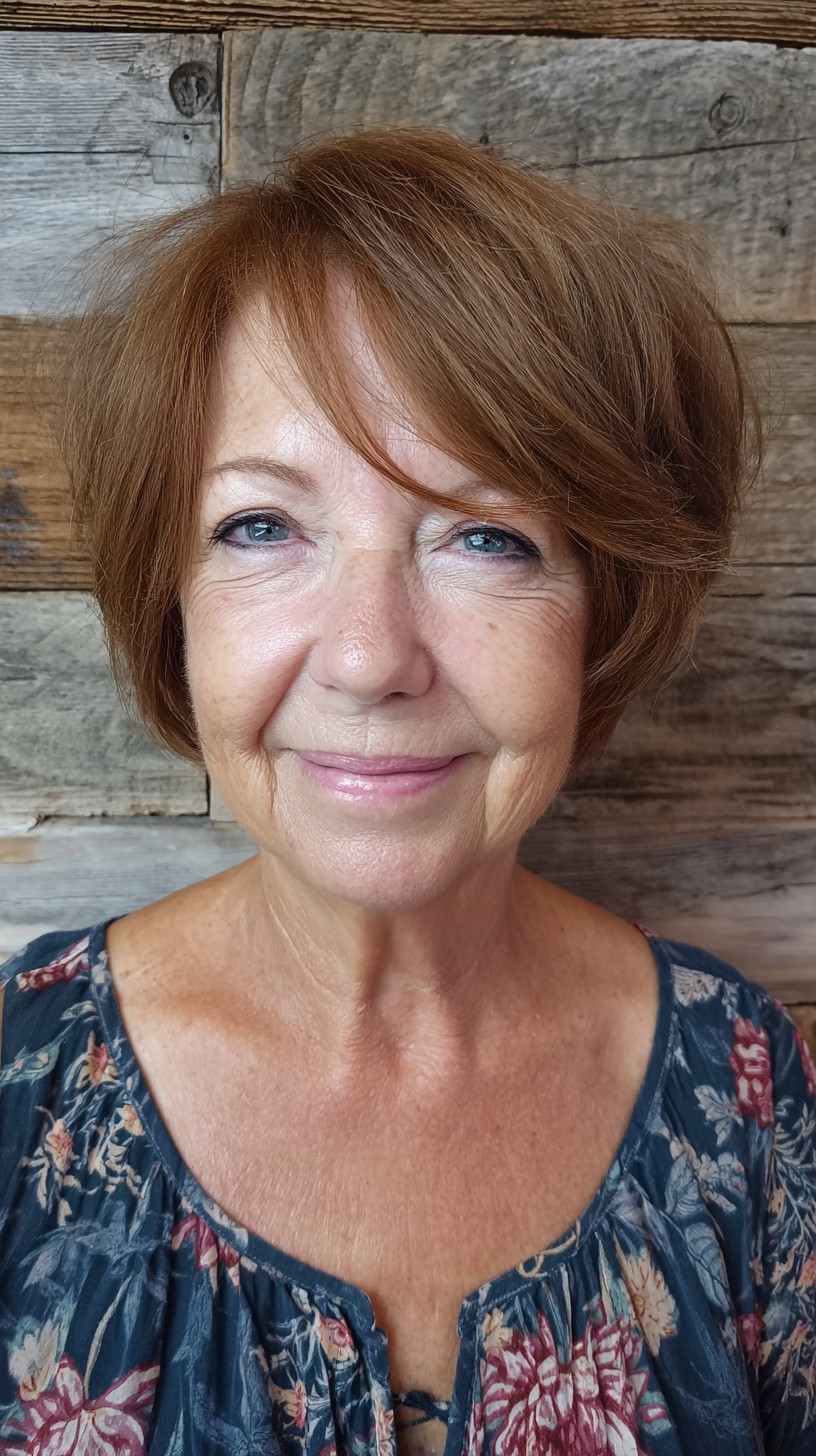 Warm Auburn Rounded Stack with Long Side-Swept Fringe
