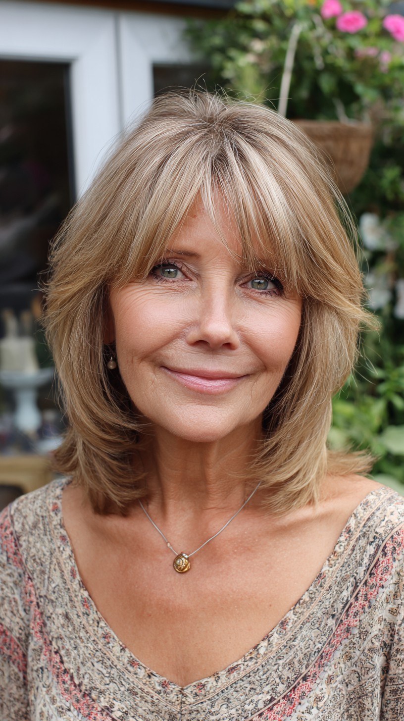 Warm Blonde Shoulder-Length Feathered Cut with Brow-Grazing Curtain Fringe
