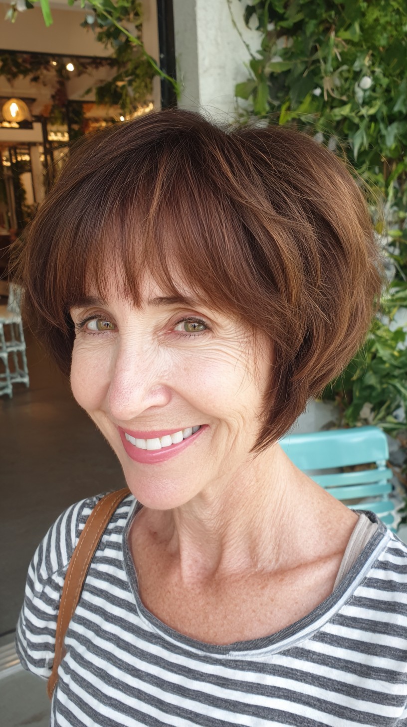 Warm Chestnut Stacked Bob with Sheer Fringe and Crown Height