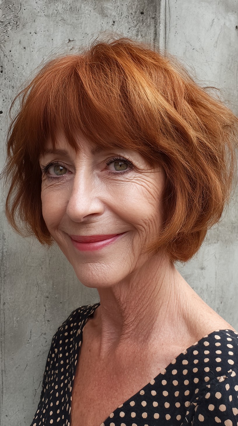 Warm Copper Textured Chin-Length Bob with Blunt-Soft Bangs