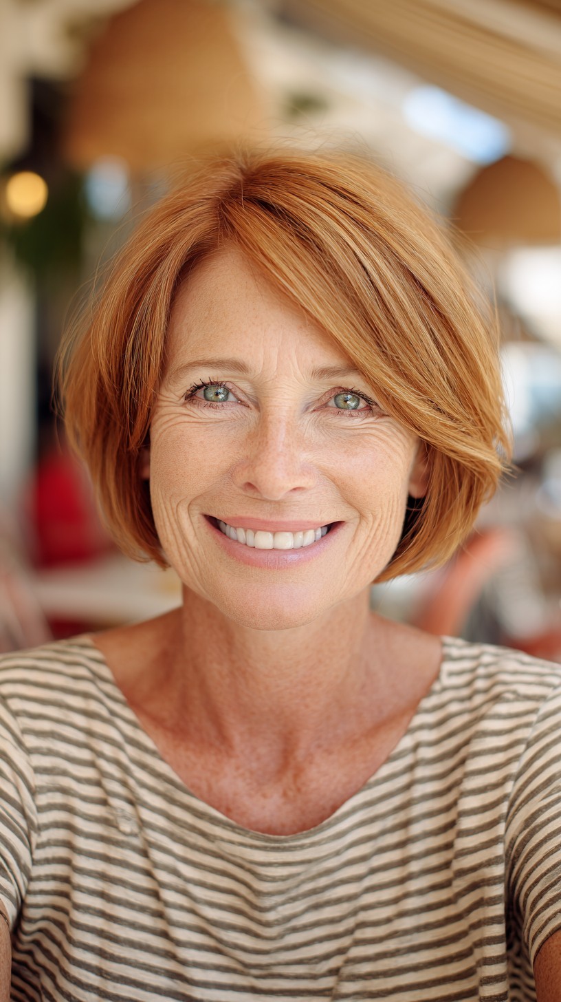 Warm Strawberry-Blonde Chin-Length Bob with Side-Swept Long Bangs