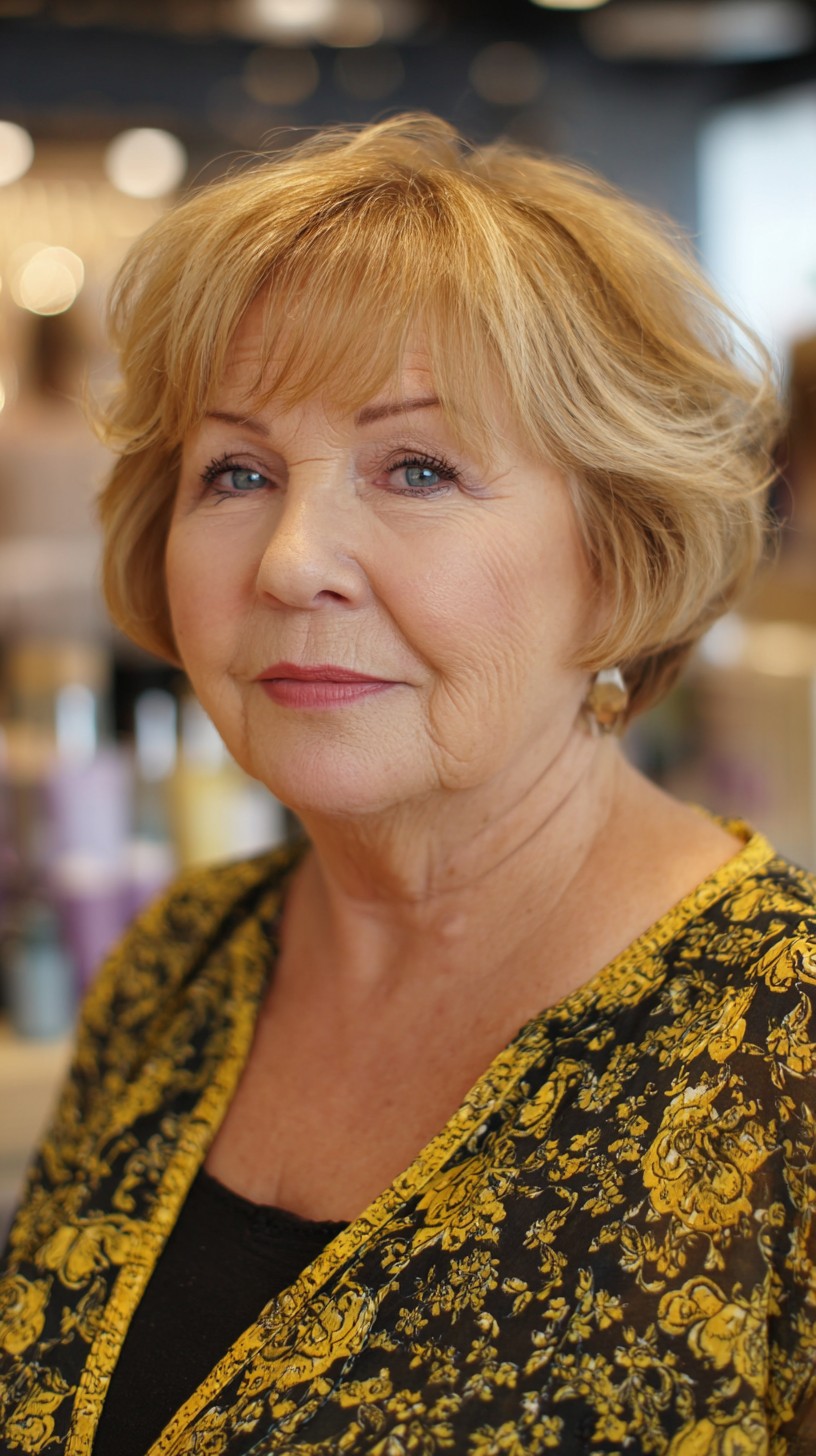 Short Layered Blonde Crop with Crown Lift and Feathered Fringe
