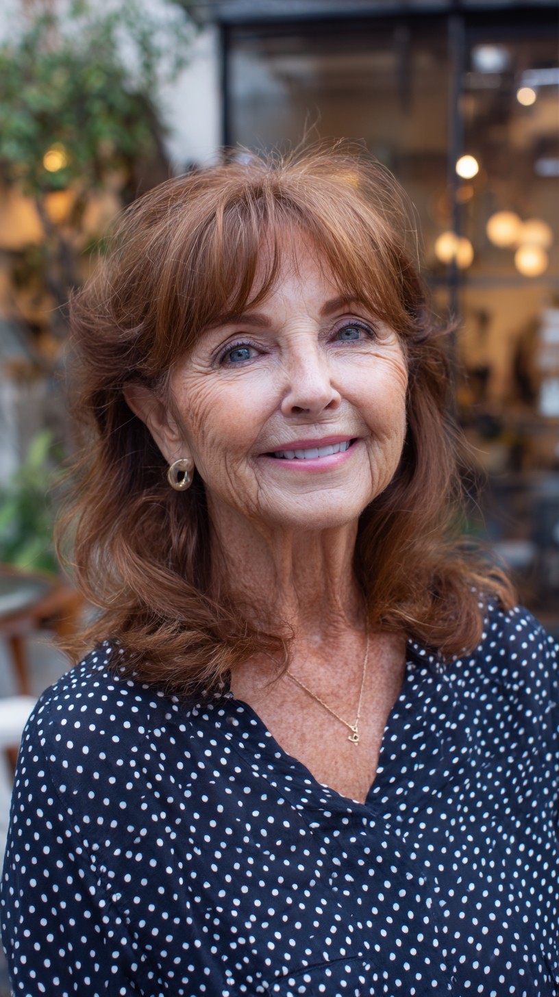 Auburn Feathered Bottleneck Bangs with Soft Shoulder-Length Layers