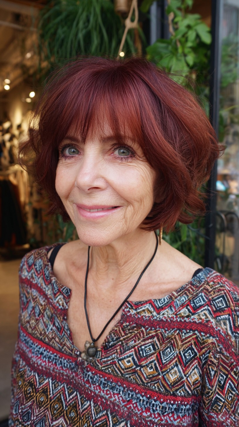 Auburn Feathered Chin-Length Bob with See-Through Fringe