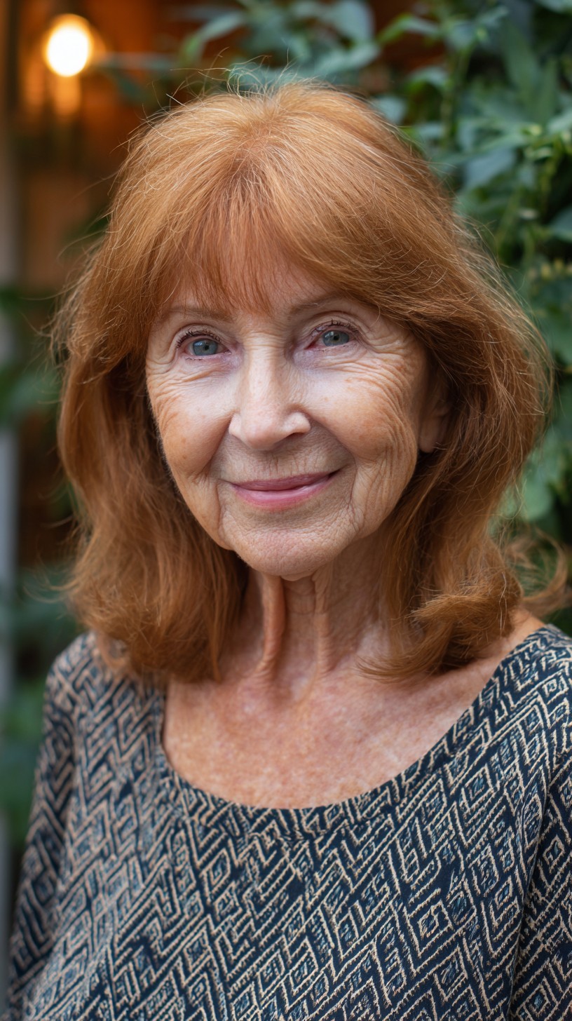 Auburn Shoulder-Length Cut with Feathered Curtain Bangs and Crown Lift