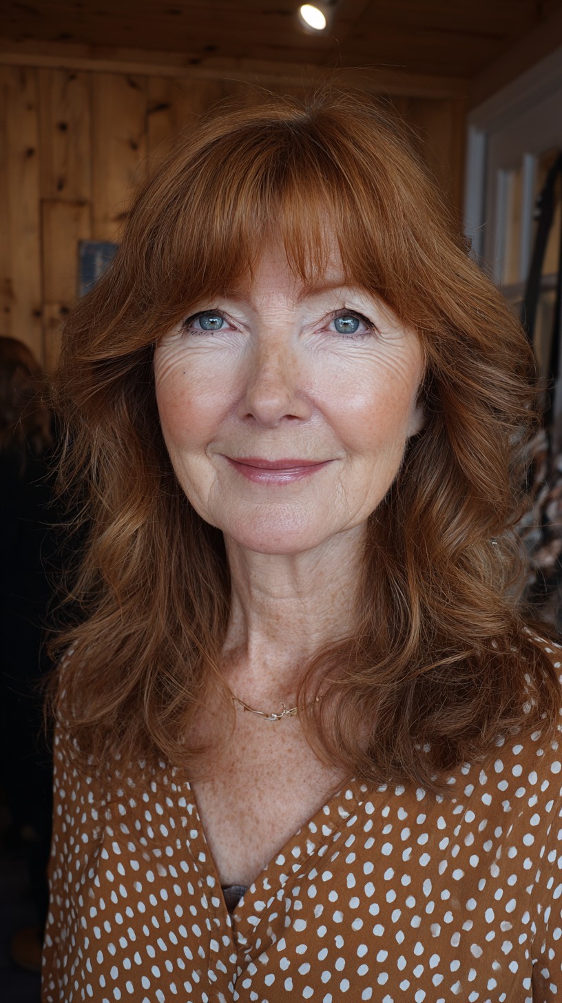 Auburn Shoulder-Length Layers with Wispy Fringe and Crown Lift