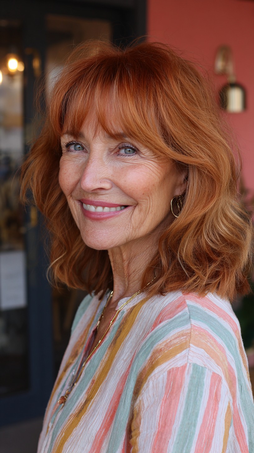Auburn Textured Shoulder-Length Cut with Feathered Curtain Bangs