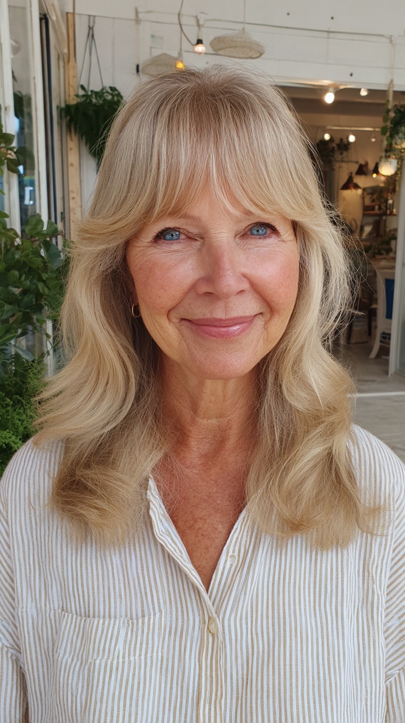 Beige-Blonde Shoulder-Length Layers with Wispy Curtain Bangs