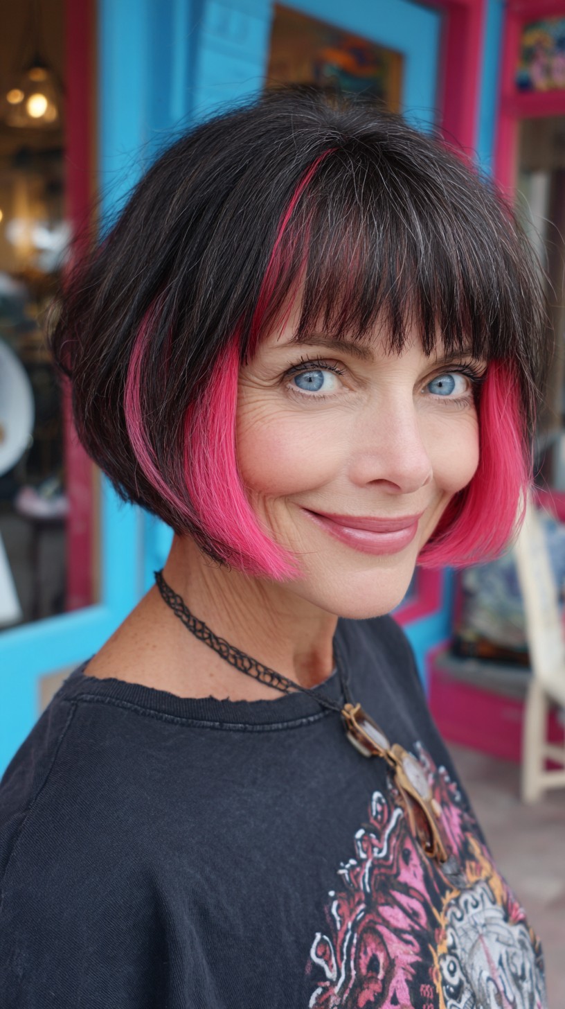 Bold Brunette Angled Bob with Neon Pink Face-Framing Panels
