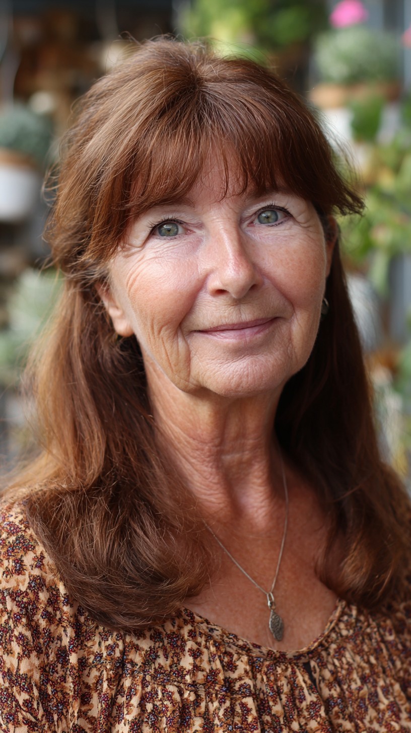 Center-Parted Chestnut Lob with Sheer Curtain Fringe and Crown Lift