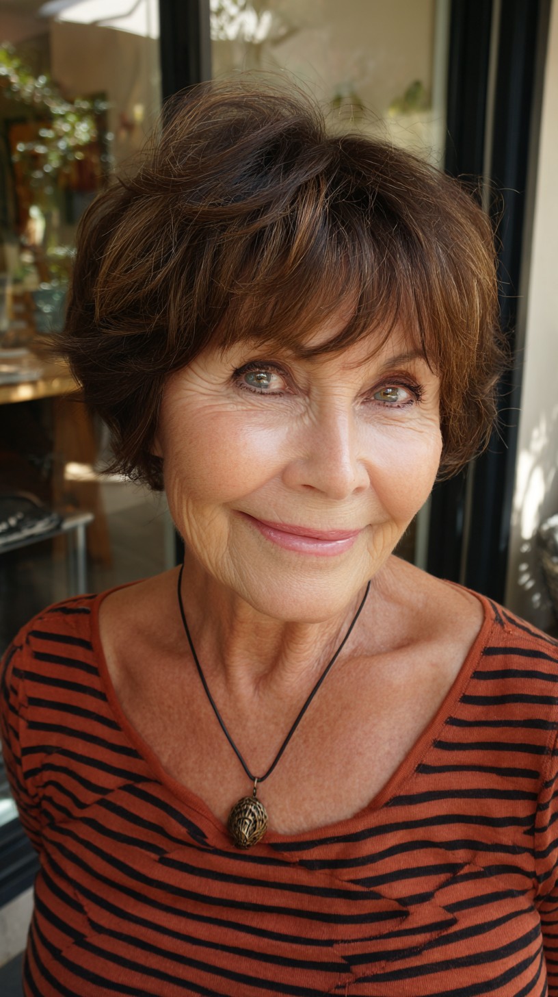 Chestnut Feathered Short Bob with Soft Brow-Skimming Fringe