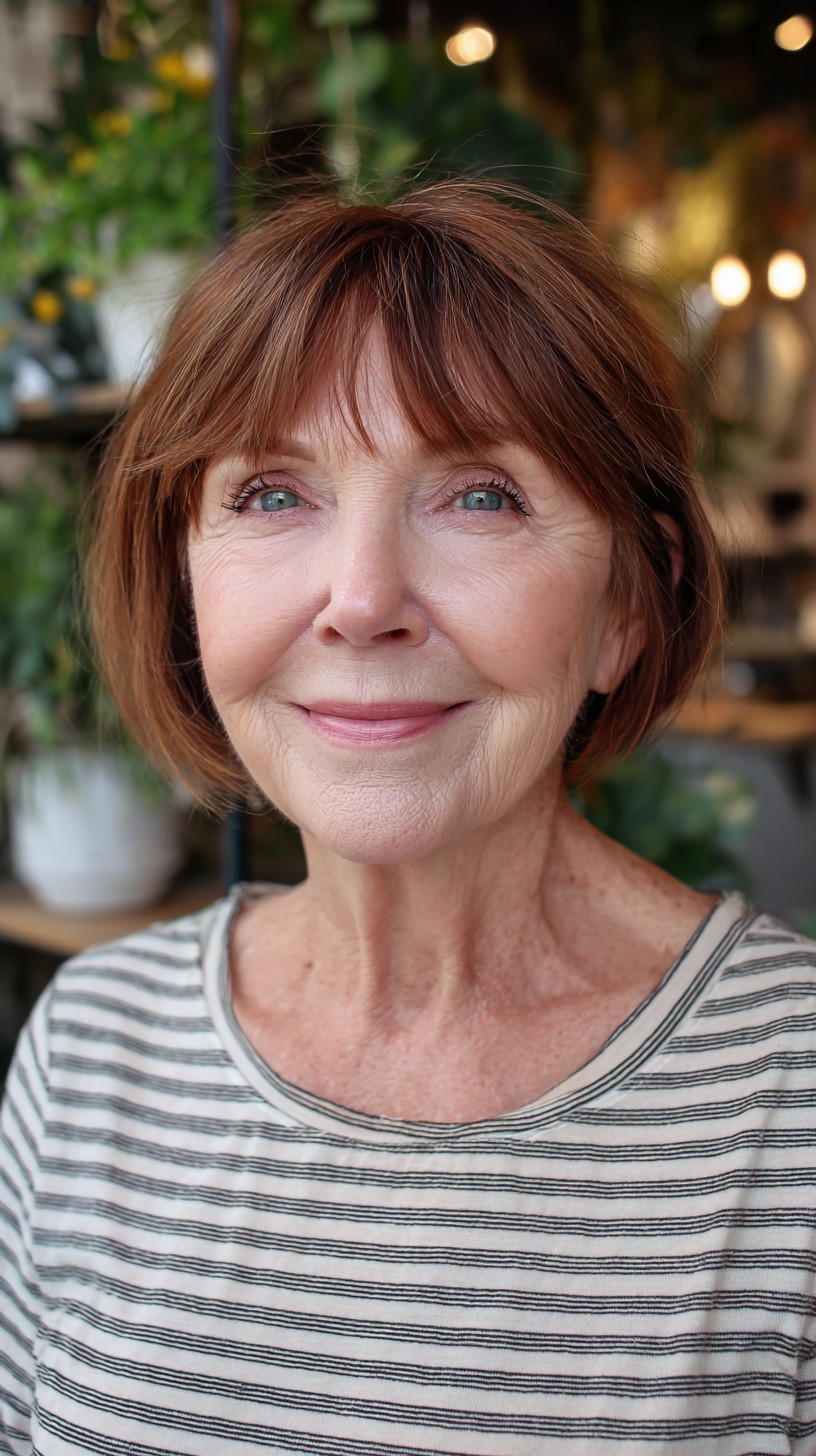 Chestnut Rounded Bob with Wispy Bottleneck Fringe