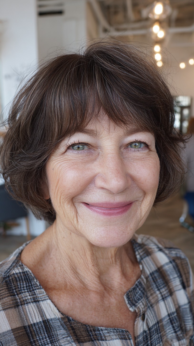 Chestnut-Rounded Shaggy Bob with Feathered Micro Bangs
