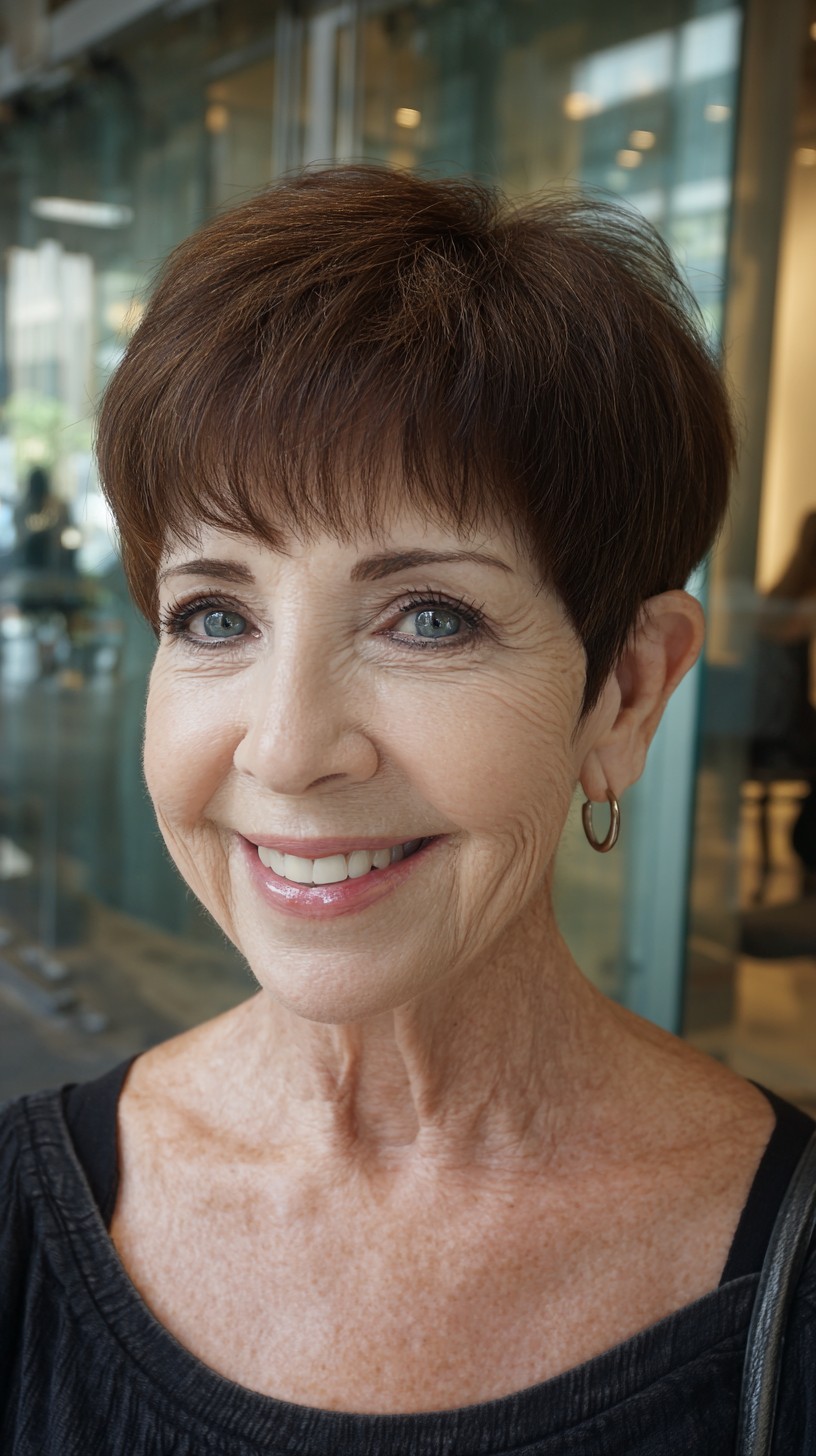 Chestnut Tapered Pixie with Soft Blunt Fringe