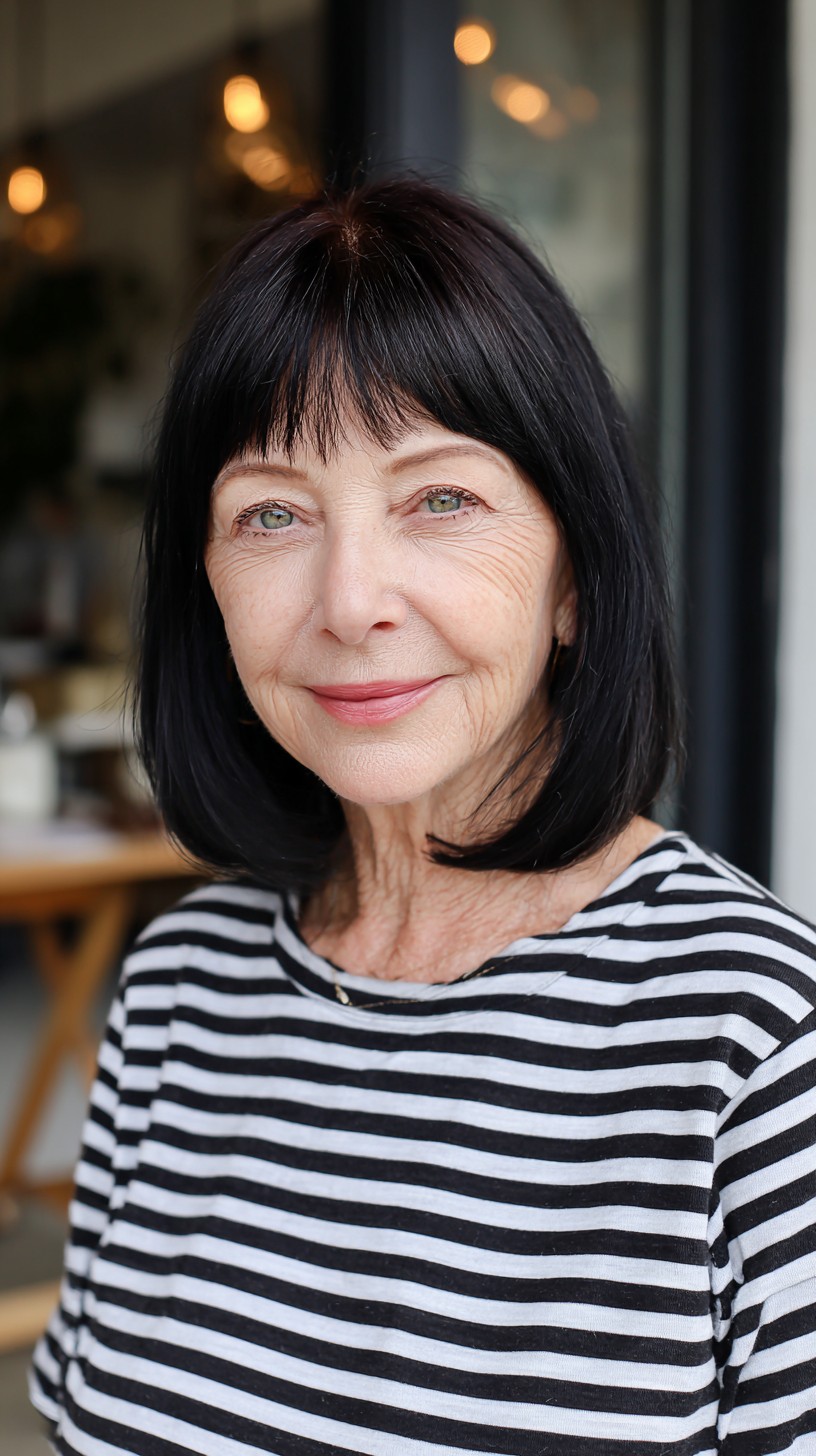 Chin-Length Rounded Lob with Micro Curtain Fringe and Subtle Crown Lift
