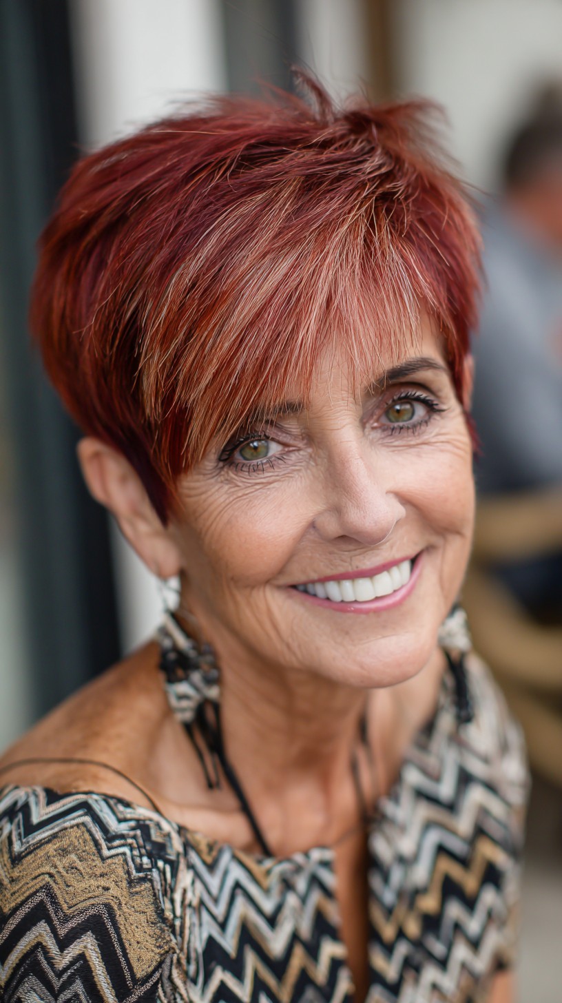 Copper Red Textured Pixie with Brow-Grazing Fringe