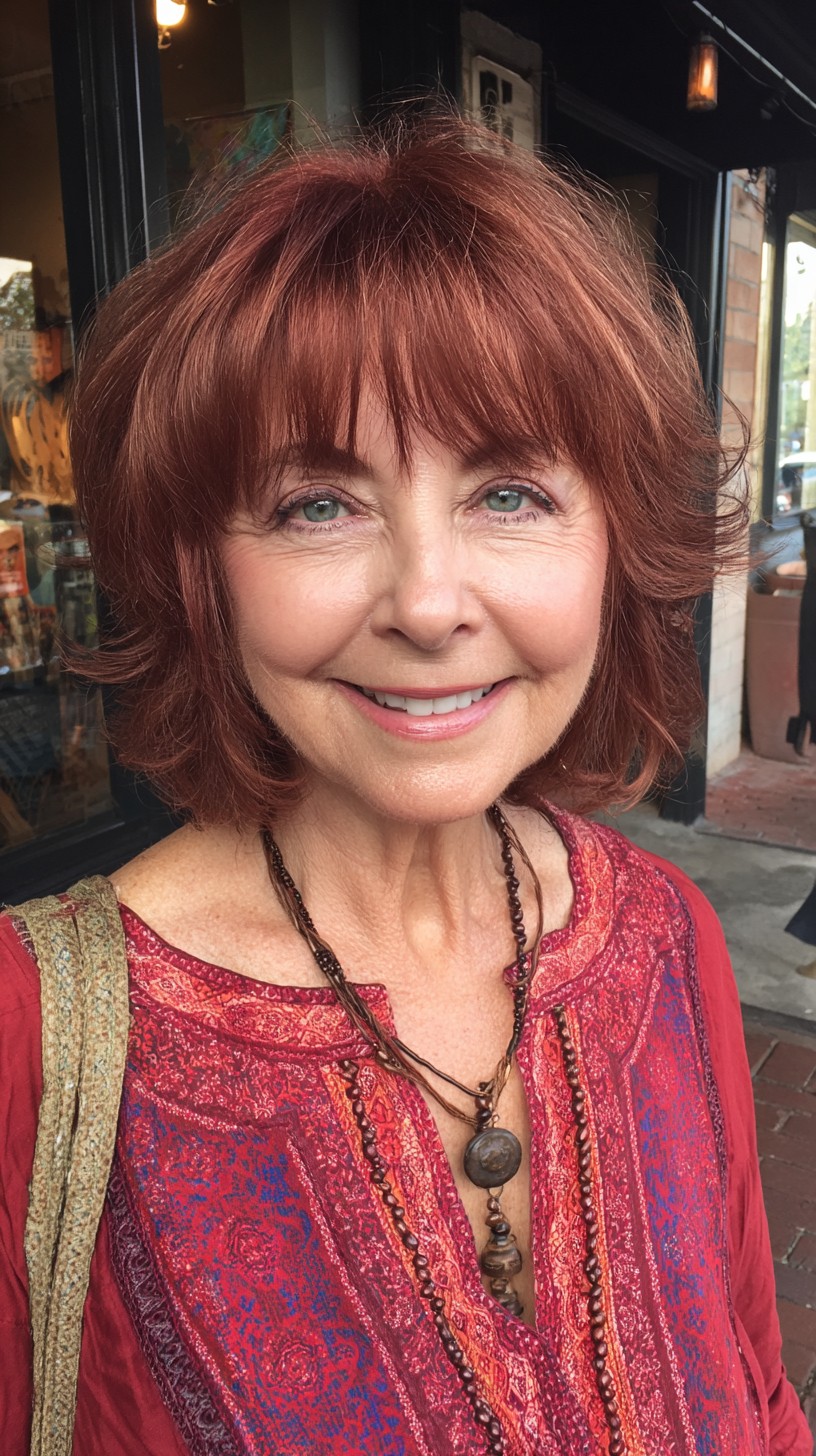 Copper-Rich Layered Bob with Sheer Baby Bangs