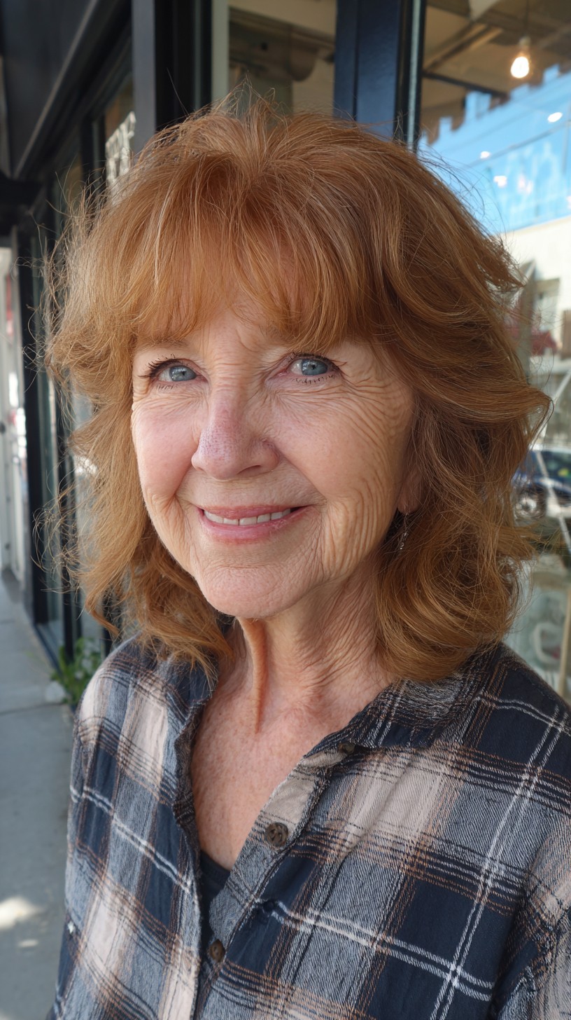 Copper Shoulder-Length Bottleneck Bangs with Face-Framing Feathers