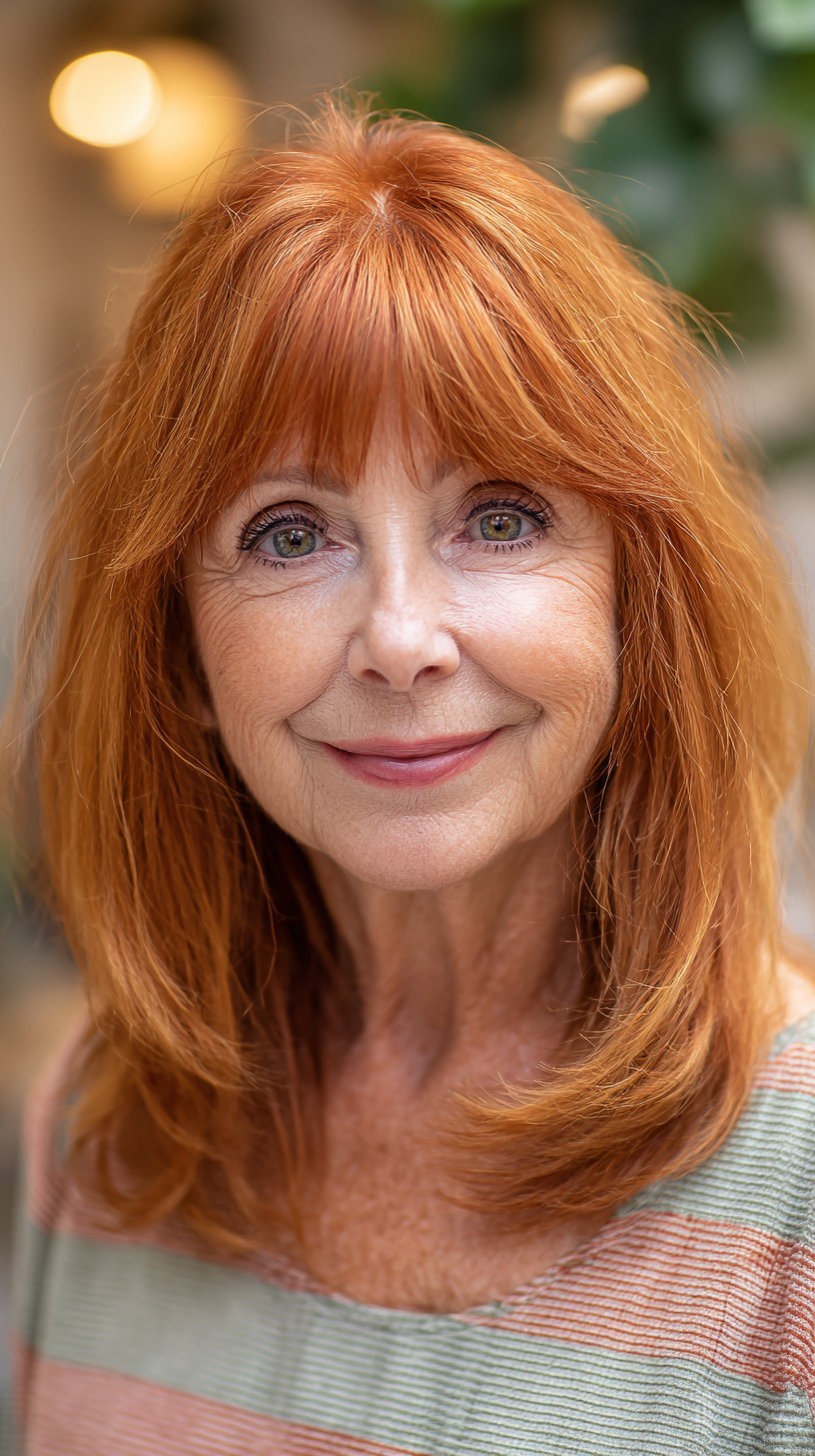 Copper Shoulder-Length Cut with Wispy Micro Curtain Bangs