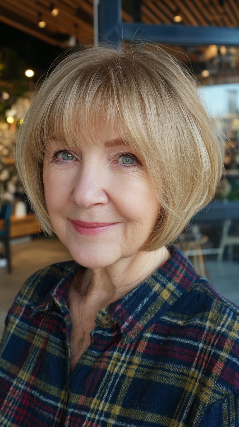 Creamy Beige Rounded Bob with Sheer Brow-Grazing Bangs