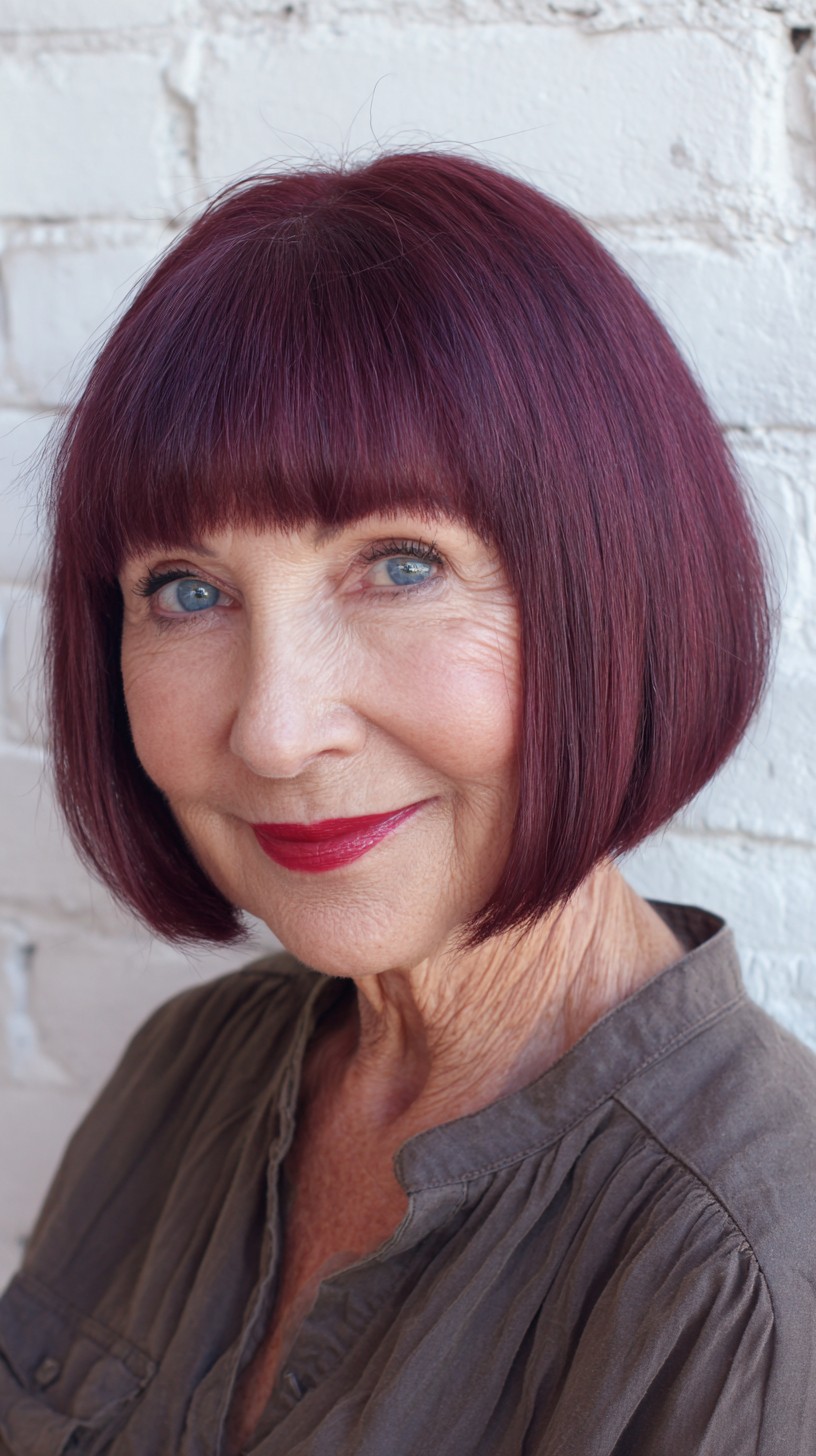 Deep Burgundy Chin-Length Bob with Blunt Micro-Bangs