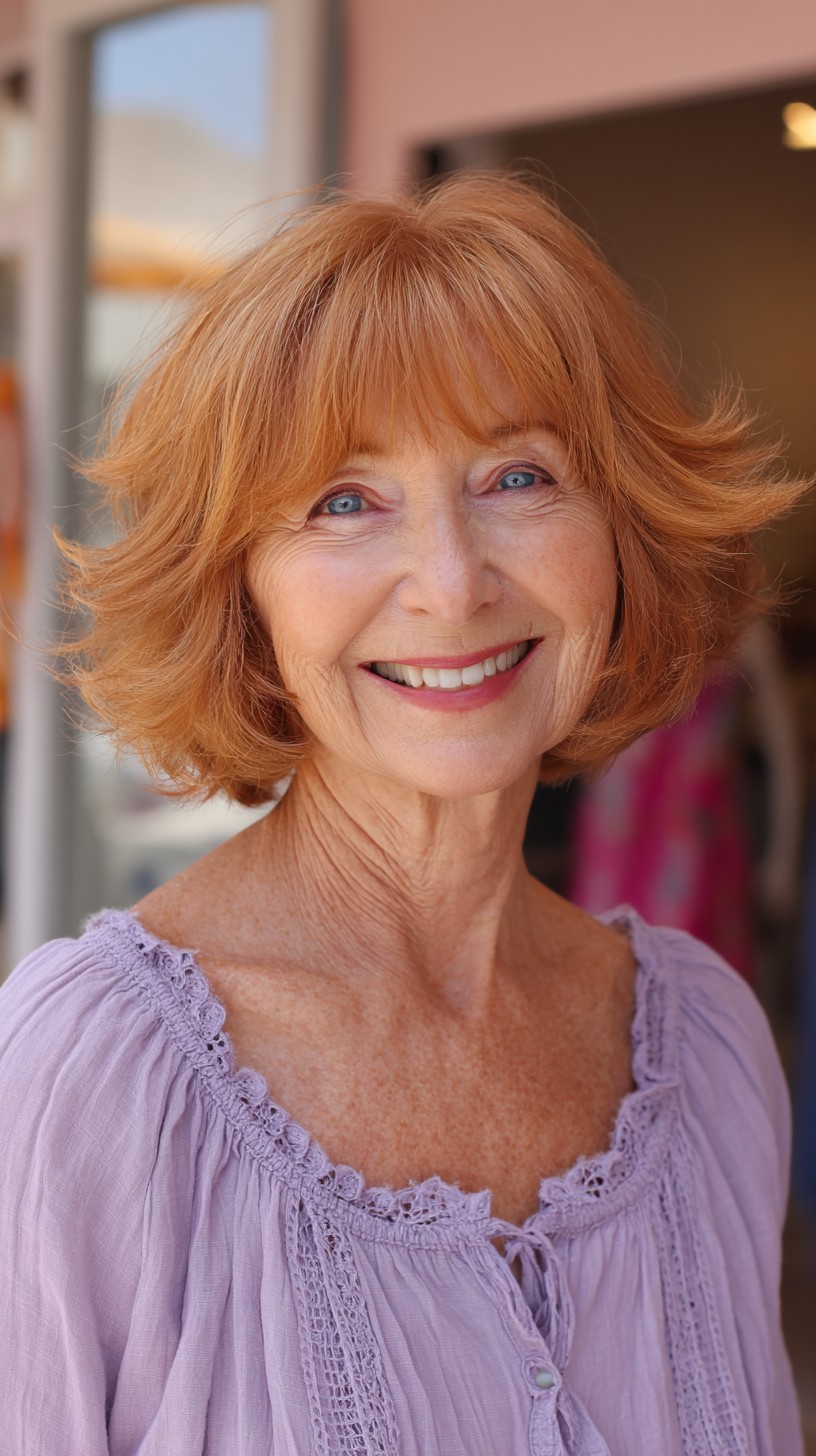 Feathered Copper Chin-Grazing Bob with Airy Brow-Framing Fringe