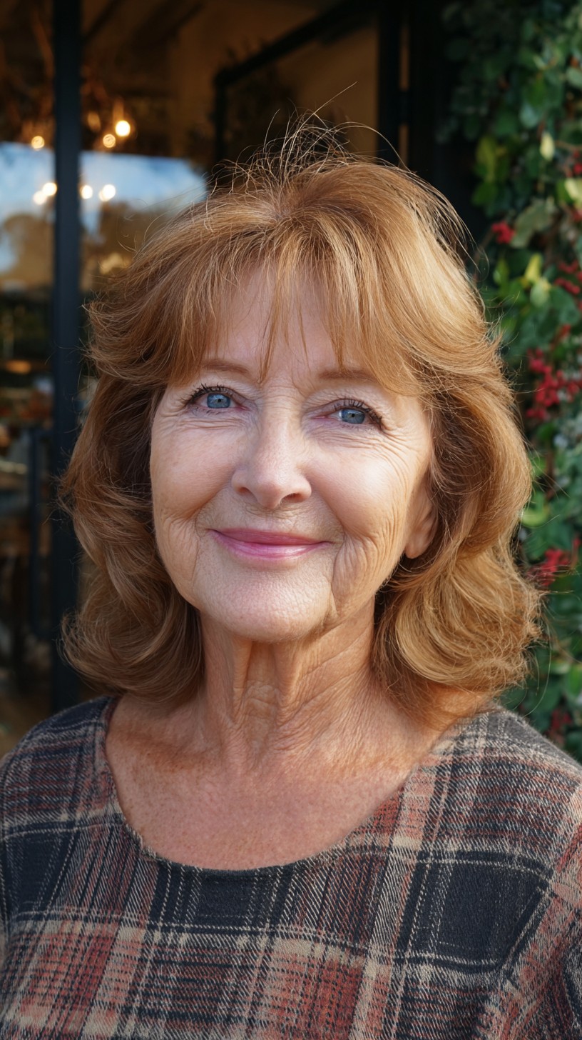 Feathered Copper Shoulder-Length Bottleneck Bangs with Face-Framing Layers