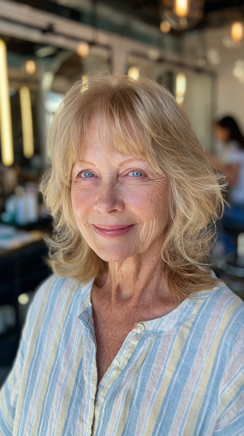 Feathered Shoulder-Length Bottleneck Bangs with Subtle Root Shadow