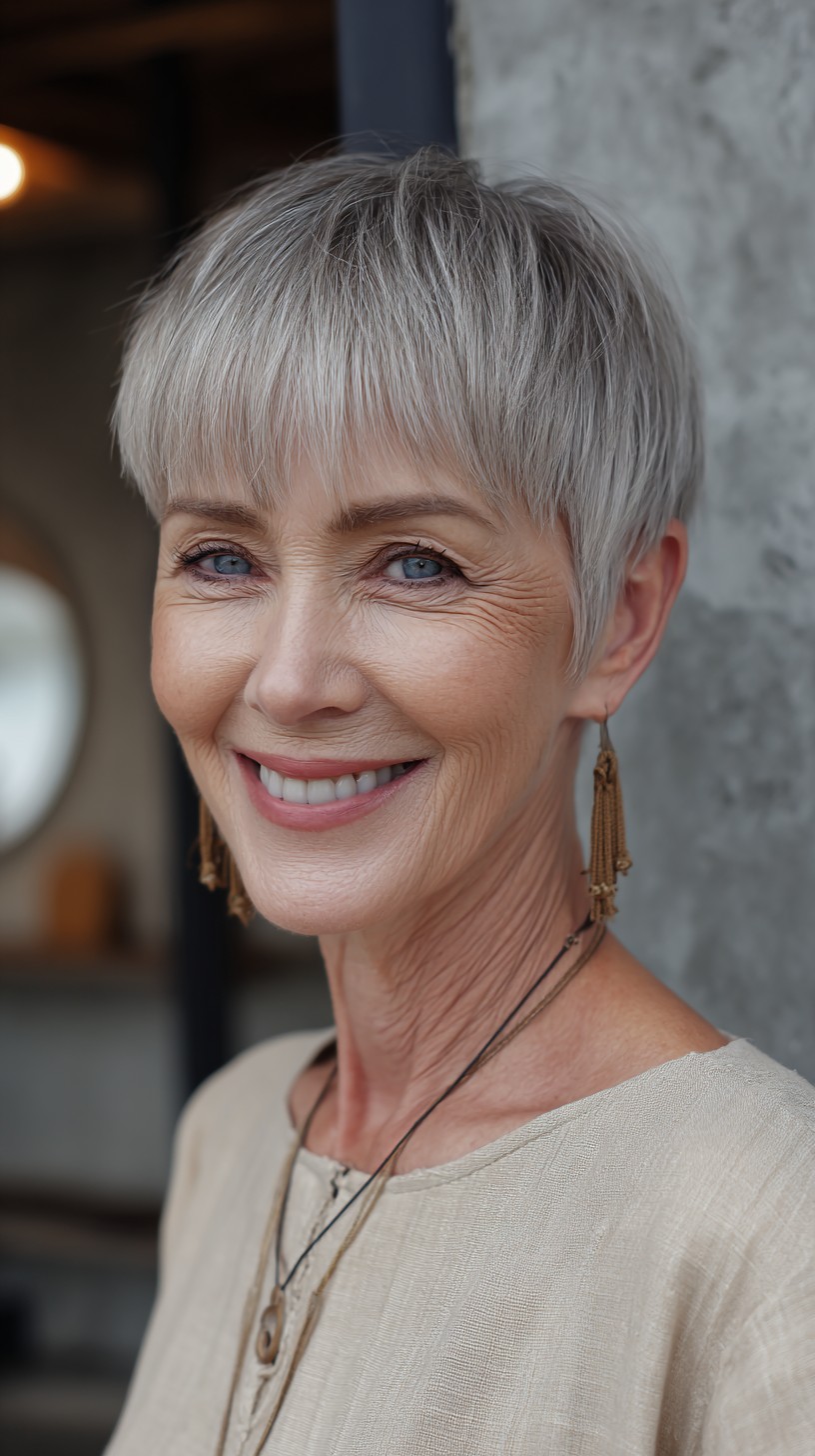 Feathered Silver Pixie with Micro-Brow Bangs