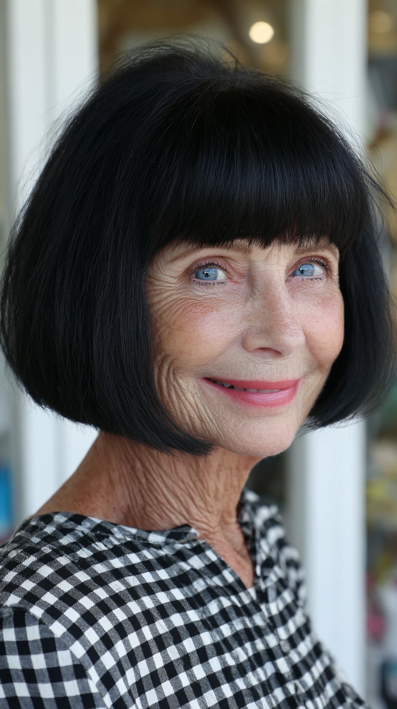Glossy Jet-Black Rounded Bob with Full Brow-Skimming Fringe