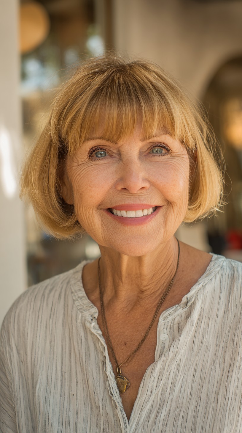 Golden Straw-Blonde Rounded Bob with Wispy Brow Fringe